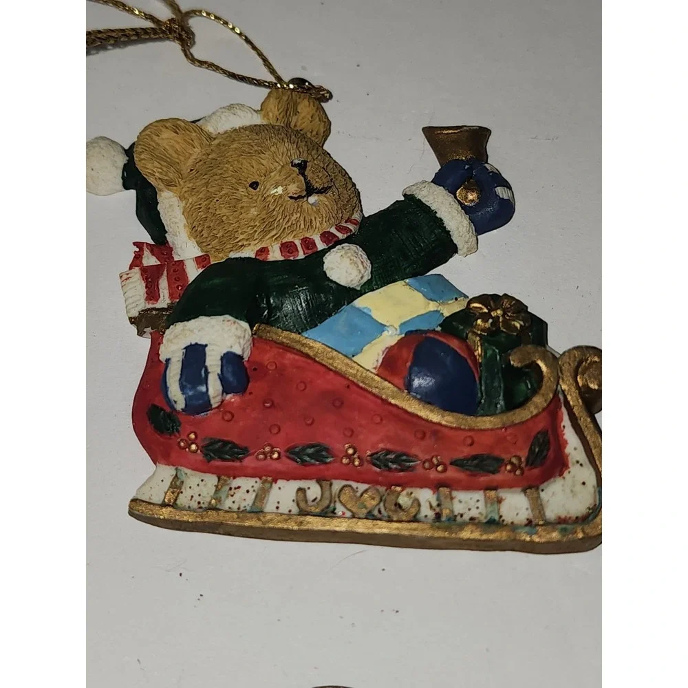 Vintage Christmas Tree‎ Ornament Teddy Bear in Sleigh